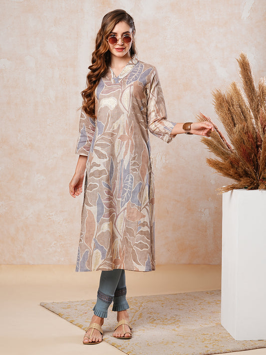 Abstract & Floral Printed Resham & Sequins Embellished A-line Kurta - Beige