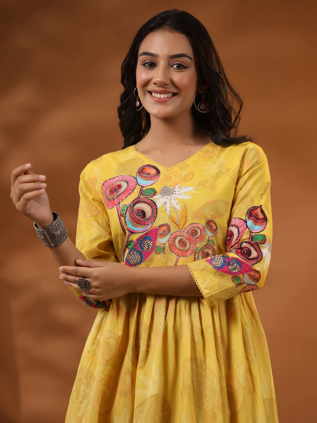 Abstract & Floral Printed Zari & Sequins Embellished Pleated Maxi Dress - Yellow