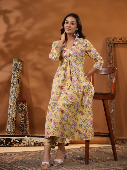 Floral Printed Mirror & Resham Embroidered Paneled Kurta with Pants - Yellow