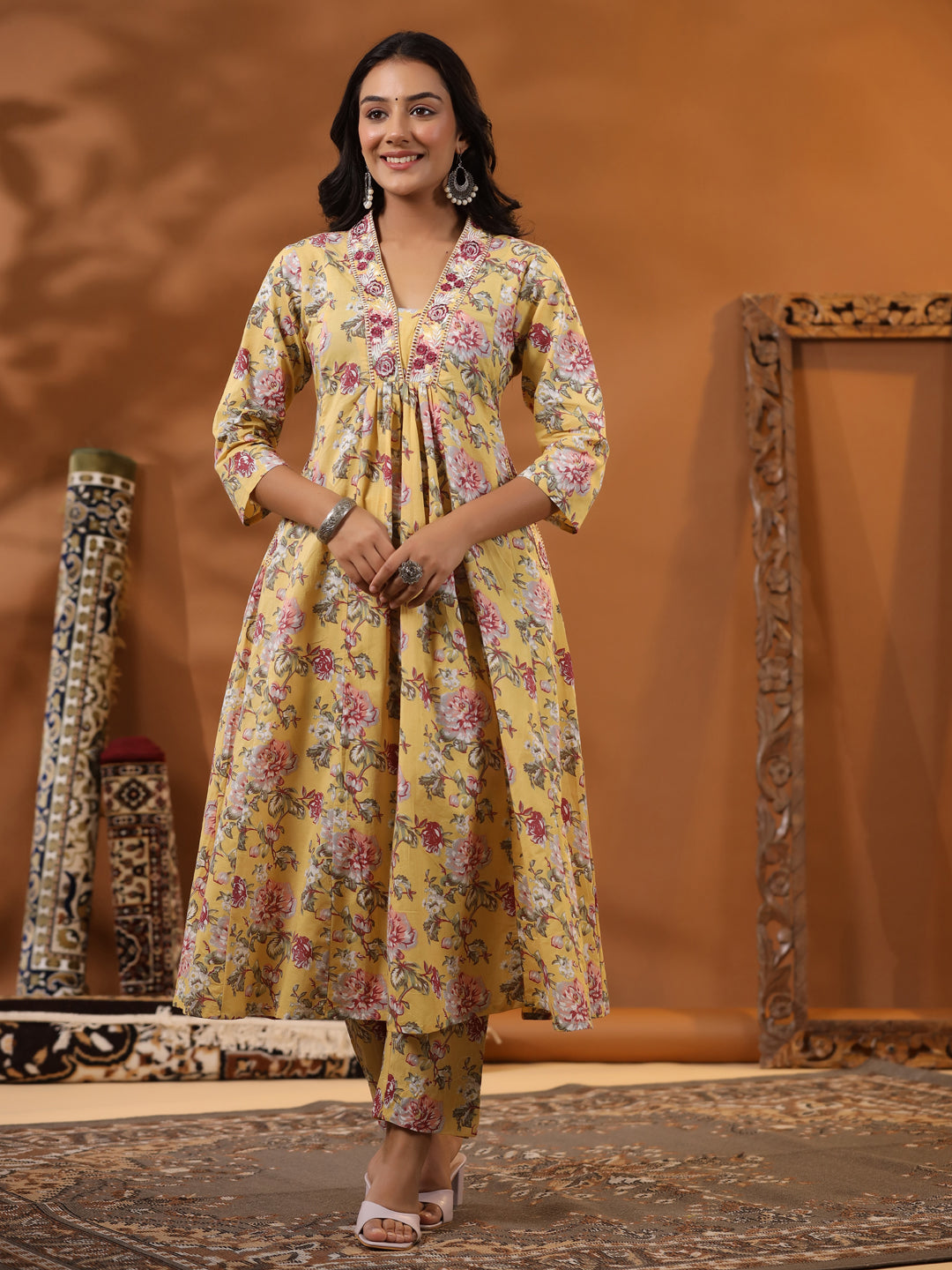 Floral Printed Mirror & Resham Embroidered Paneled Kurta with Pants - Yellow