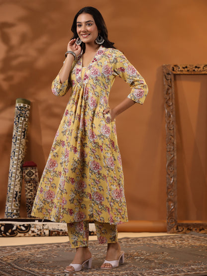 Floral Printed Mirror & Resham Embroidered Paneled Kurta with Pants - Yellow