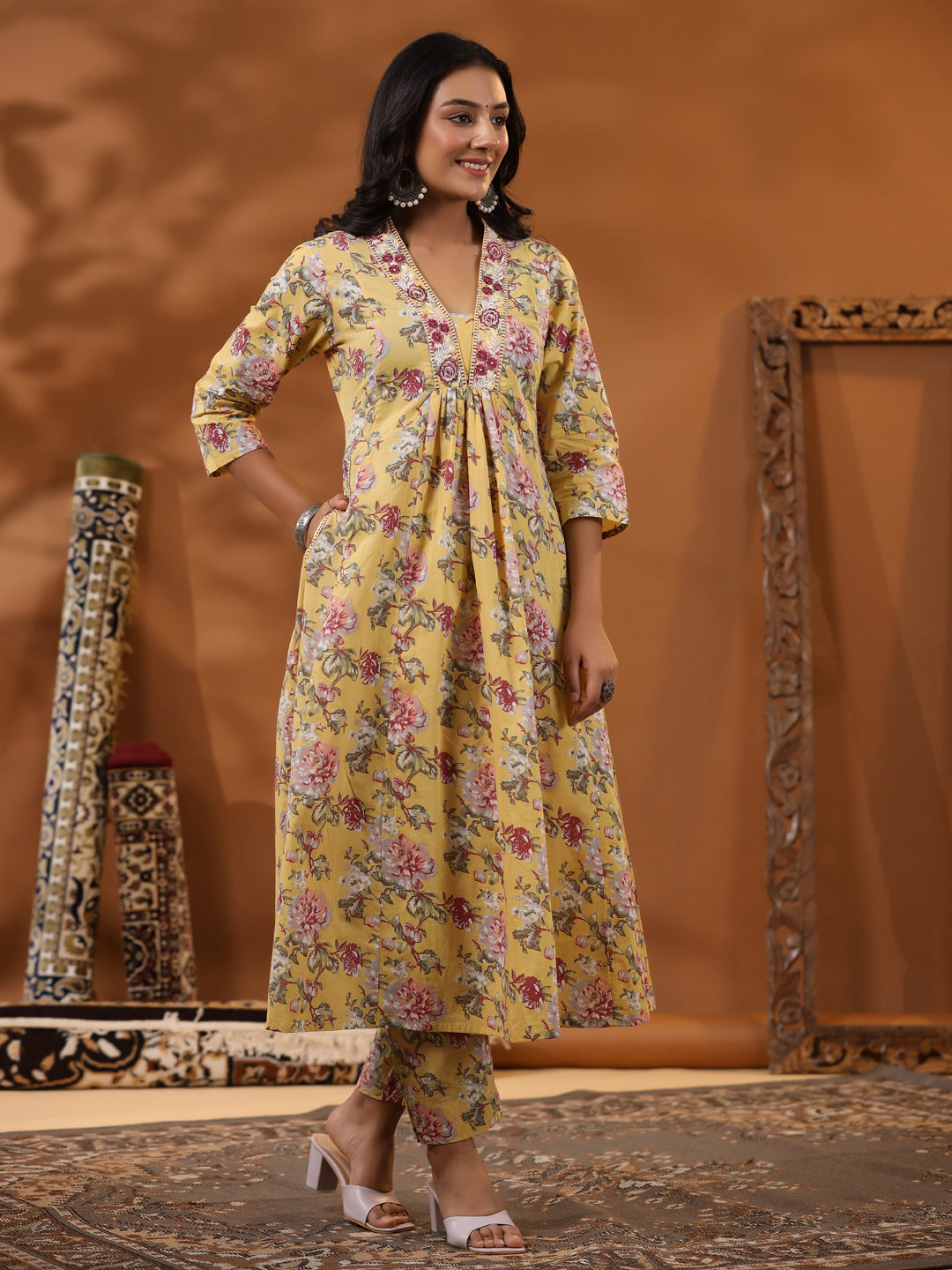 Floral Printed Mirror & Resham Embroidered Paneled Kurta with Pants - Yellow