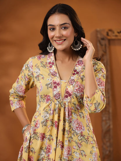 Floral Printed Mirror & Resham Embroidered Paneled Kurta with Pants - Yellow