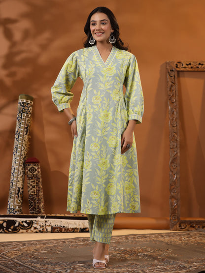 Ethnic Floral Foil Printed A-Line Paneled Kurta with Pant - Mint Green