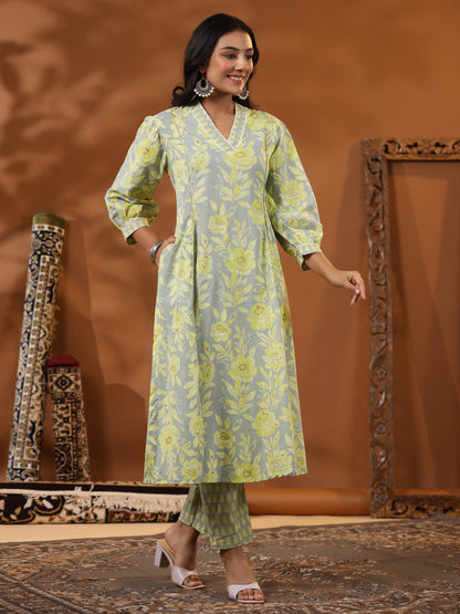 Ethnic Floral Foil Printed A-Line Paneled Kurta with Pant - Mint Green