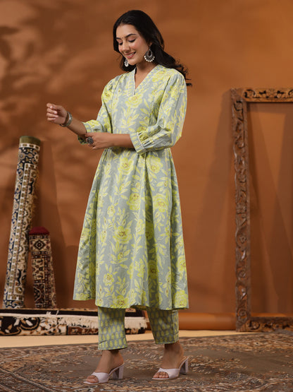 Ethnic Floral Foil Printed A-Line Paneled Kurta with Pant - Mint Green