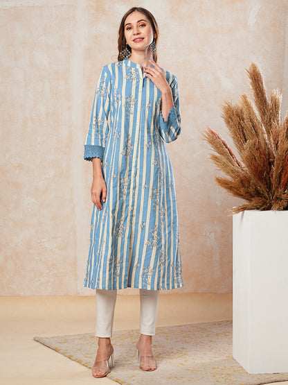 Stripes & Floral Printed Crochet Lace Embellished Kurta - Blue