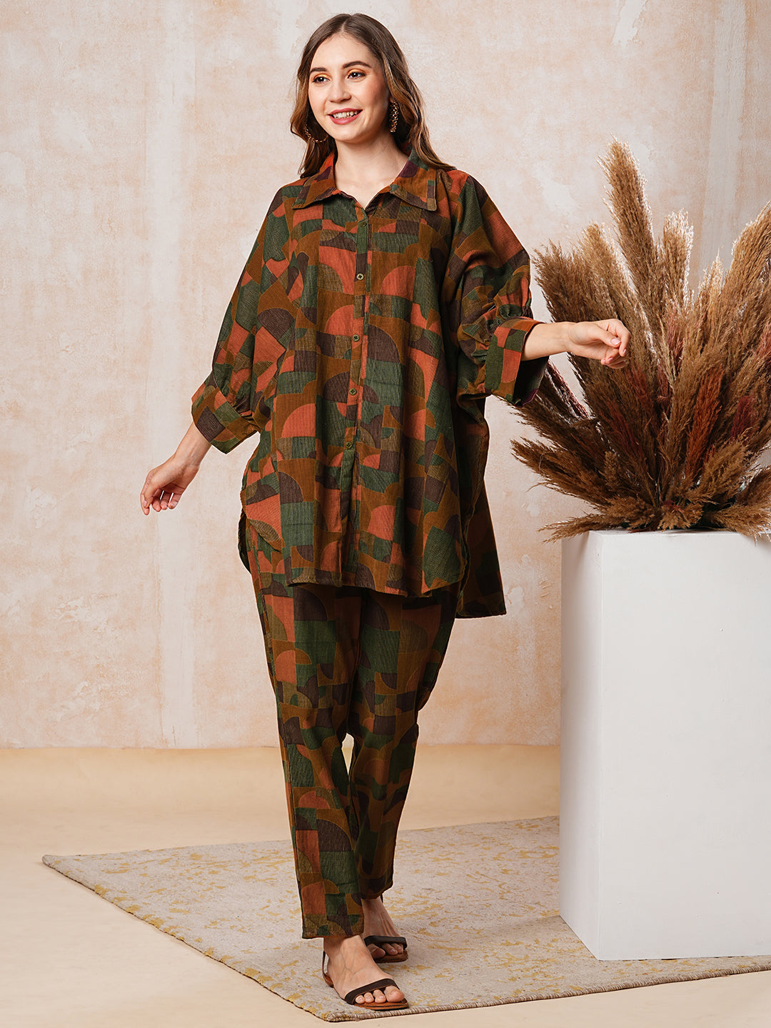 Corduroy Abstract Printed Kaftan Style Top with Pants Co-ord Set - Brown