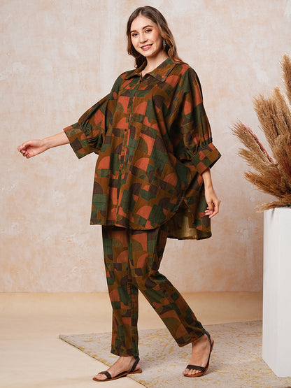 Corduroy Abstract Printed Kaftan Style Top with Pants Co-ord Set - Brown