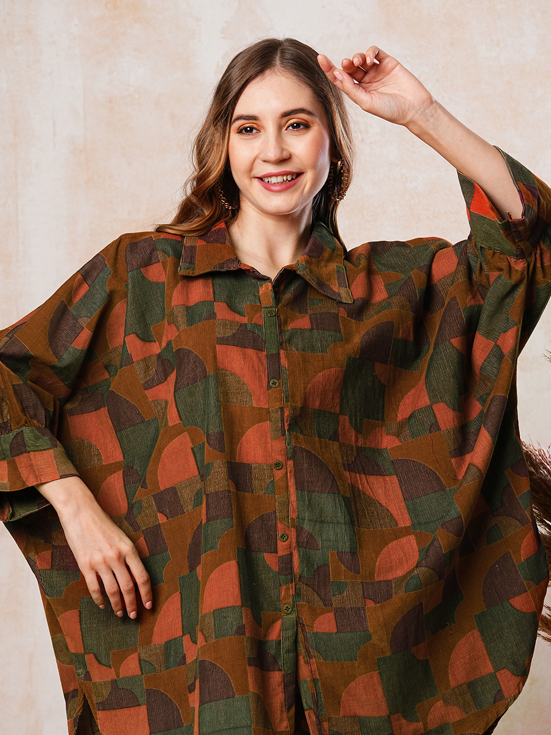 Corduroy Abstract Printed Kaftan Style Top with Pants Co-ord Set - Brown