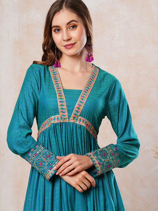 Solid Ethnic Woven & Zari Embroidered A-Line Pleated Kurta with Pant - Turquoise Blue