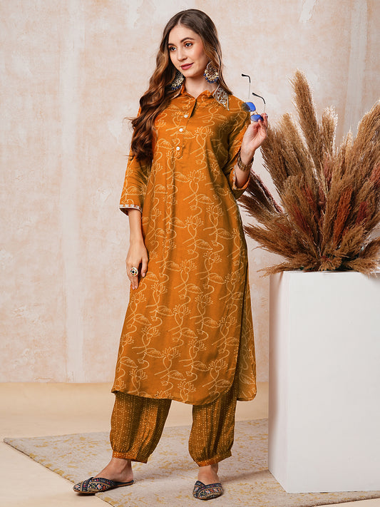 Floral Printed Zari & Resham Embroidered Kurta with Salwar Pants - Mustard