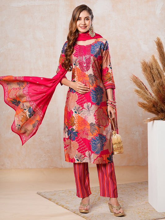 Floral Foil Printed Mirror Embroidered Kurta with Pants & Dupatta - Multi