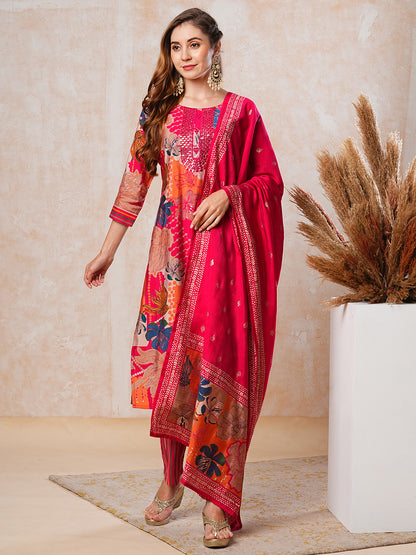 Floral Foil Printed Mirror Embroidered Kurta with Pants & Dupatta - Multi