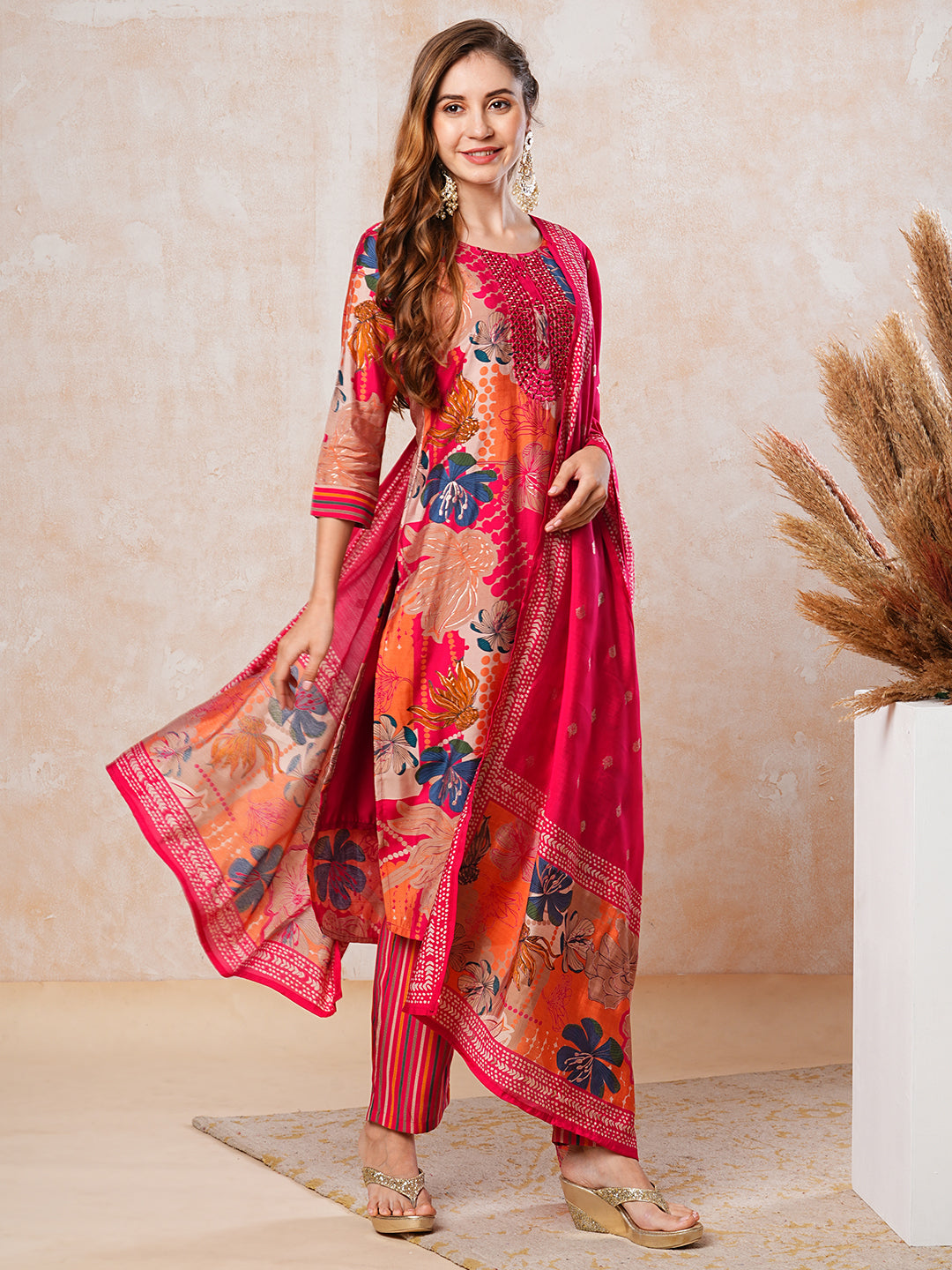 Floral Foil Printed Mirror Embroidered Kurta with Pants & Dupatta - Multi