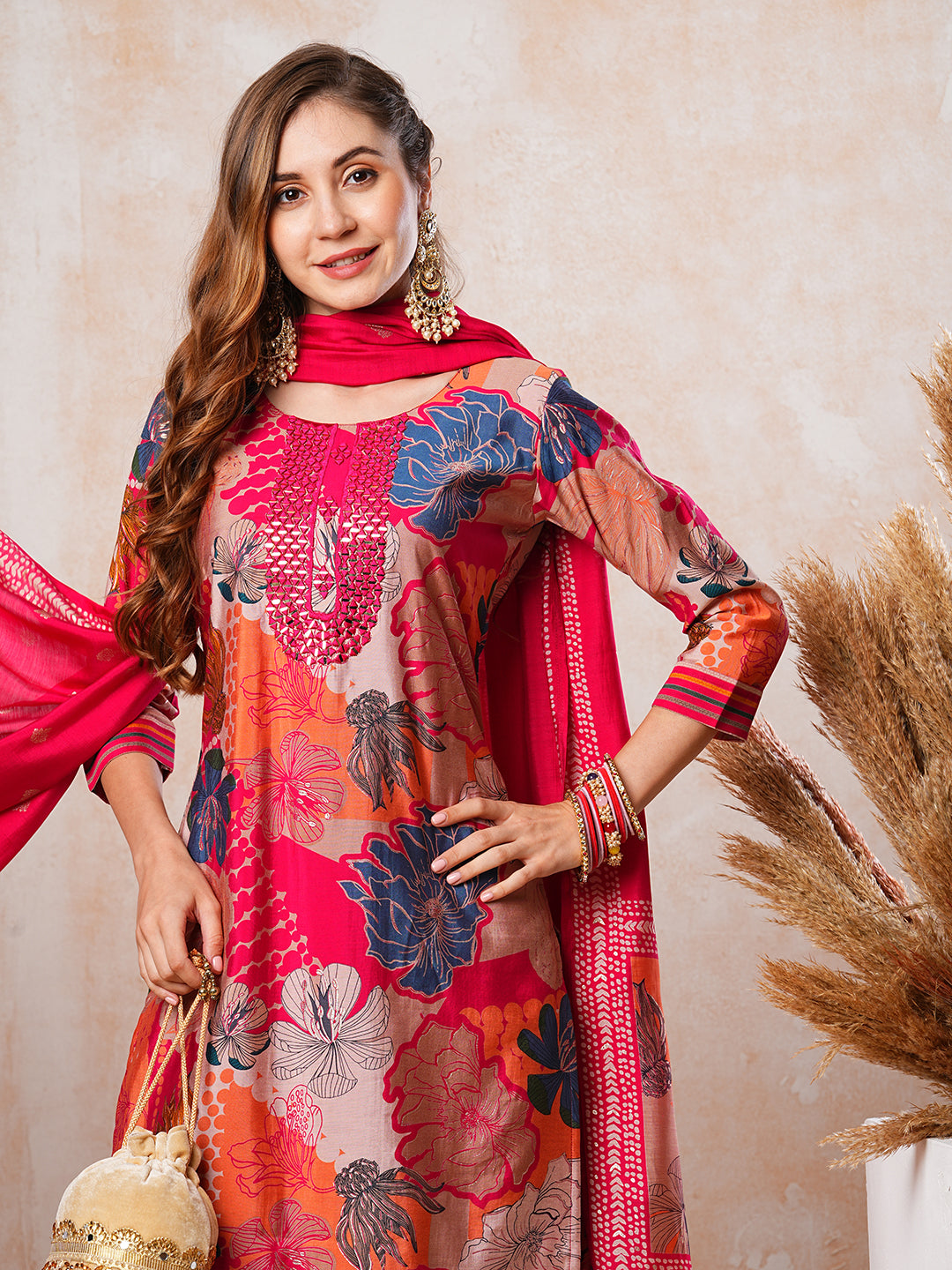 Floral Foil Printed Mirror Embroidered Kurta with Pants & Dupatta - Multi