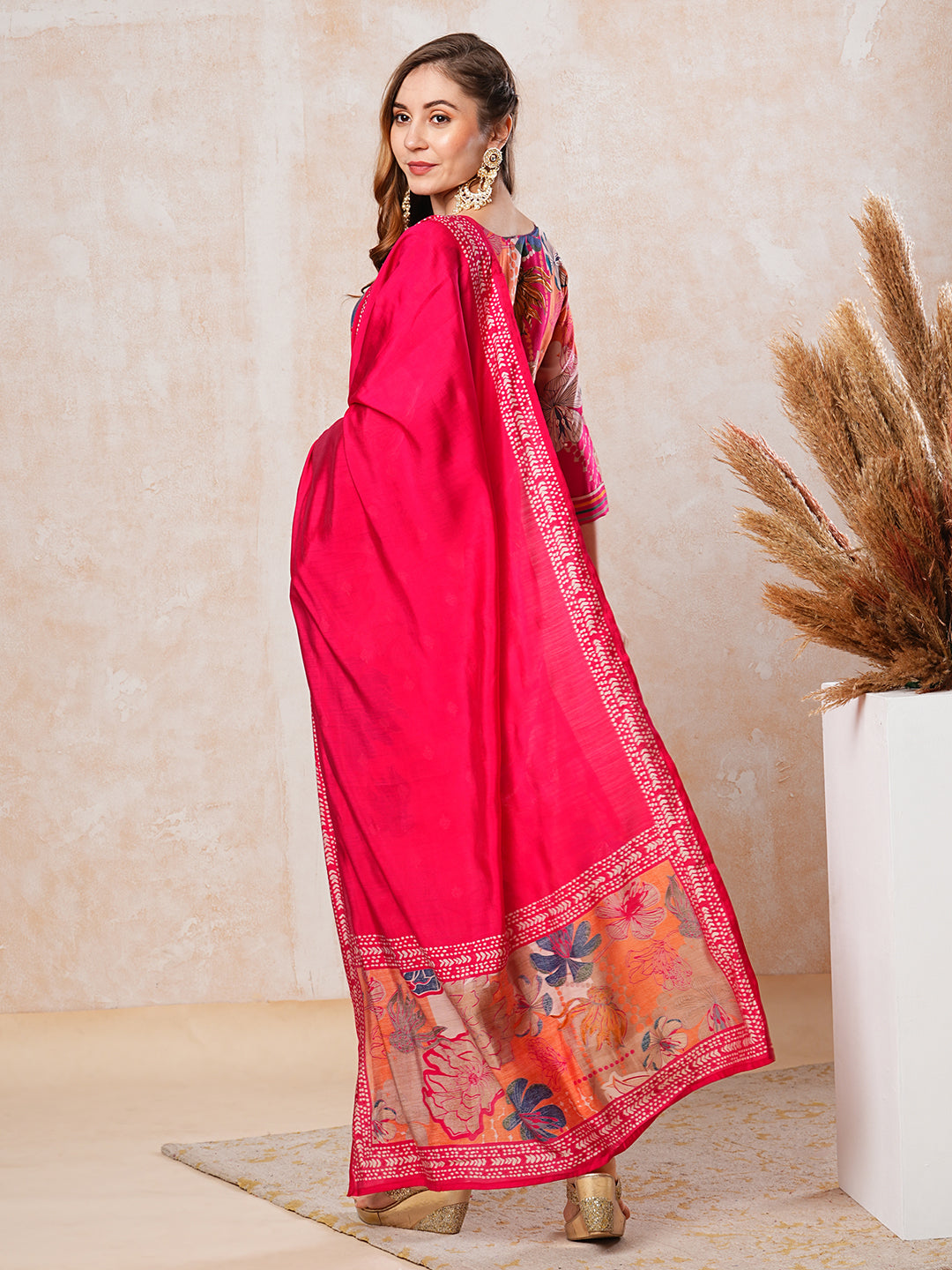 Floral Foil Printed Mirror Embroidered Kurta with Pants & Dupatta - Multi