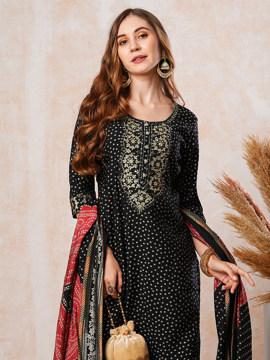 Abstract Printed Gotapatti Embroidered Kurta with Pants & Dupatta - Black