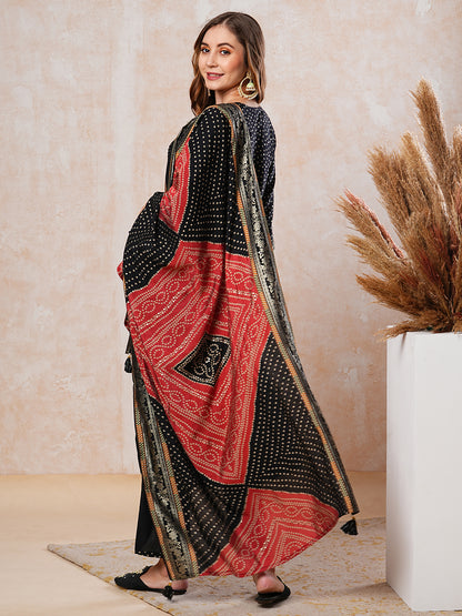 Abstract Printed Gotapatti Embroidered Kurta with Pants & Dupatta - Black