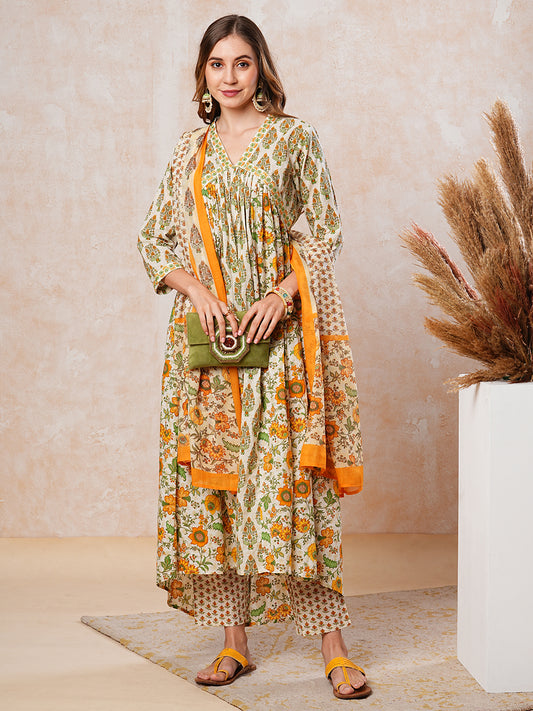 Floral Printed Resham Embroidered Pleated High-Low Kurta with Pants & Dupatta - Off White & Yellow