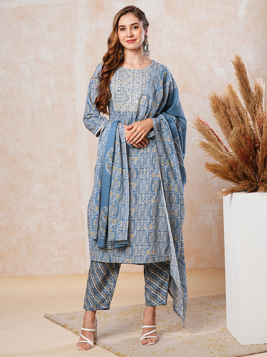 Ash Grey Embroidered Printed Viscose Silk Co-Ord Set (Set of 2)