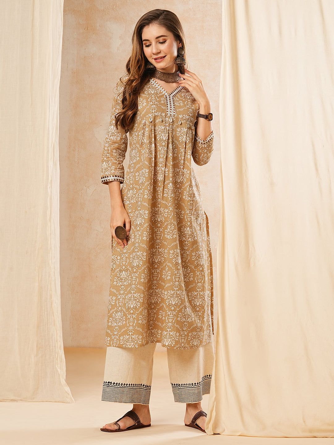 Floral & Embroidered Printed A-Line Pleated Kurta - Camel Brown