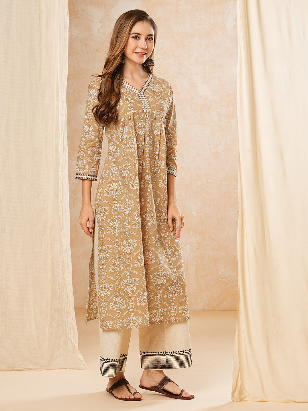 Floral & Embroidered Printed A-Line Pleated Kurta - Camel Brown