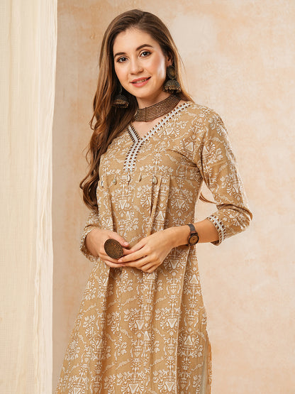 Floral & Embroidered Printed A-Line Pleated Kurta - Camel Brown