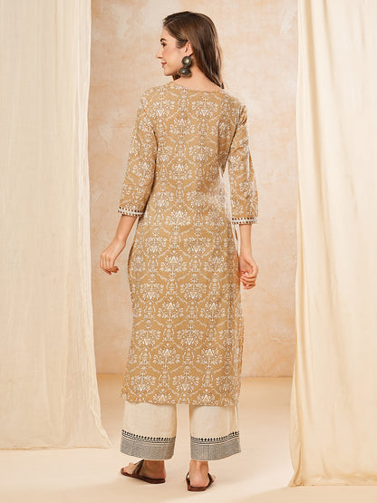 Floral & Embroidered Printed A-Line Pleated Kurta - Camel Brown