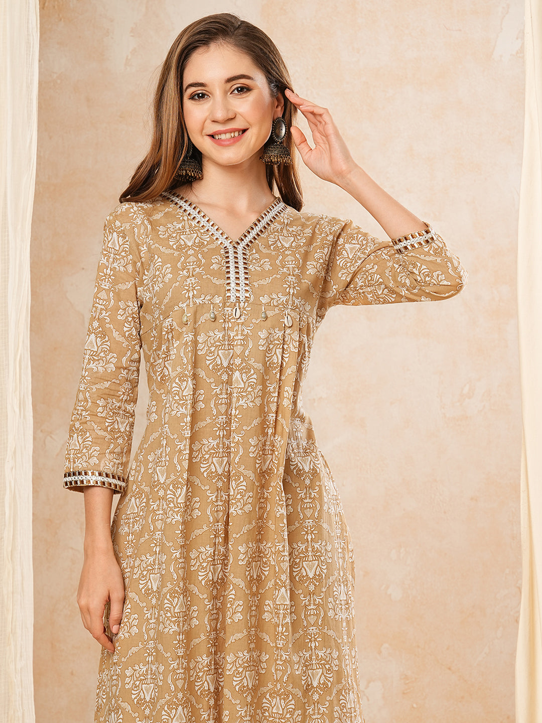 Floral & Embroidered Printed A-Line Pleated Kurta - Camel Brown