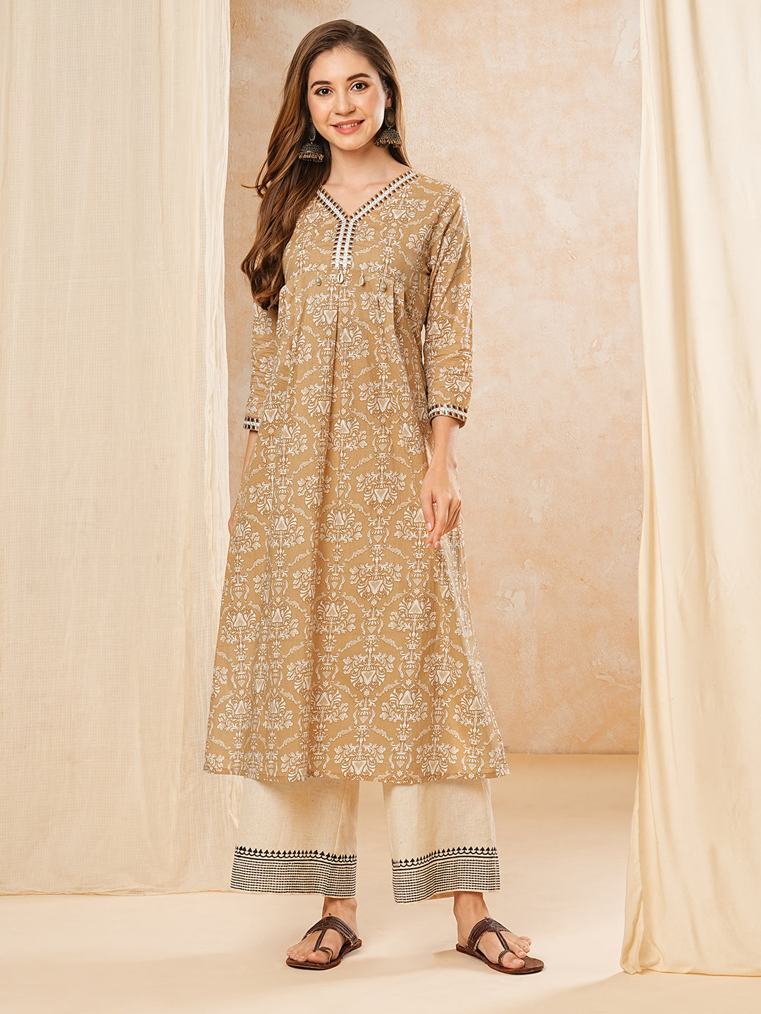 Floral & Embroidered Printed A-Line Pleated Kurta - Camel Brown