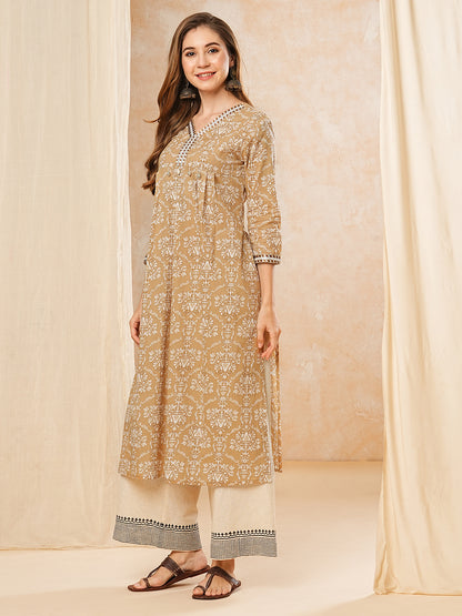 Floral & Embroidered Printed A-Line Pleated Kurta - Camel Brown