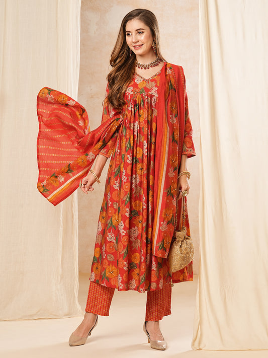 Floral Printed Mirror & Cutdana Embroidered Pleated Kurta with Pants & Dupatta - Red