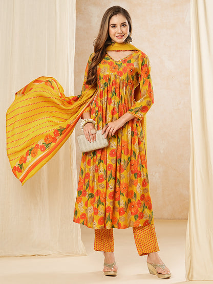 Floral Printed Mirror & Cutdana Embroidered Pleated Kurta with Pants & Dupatta - Yellow