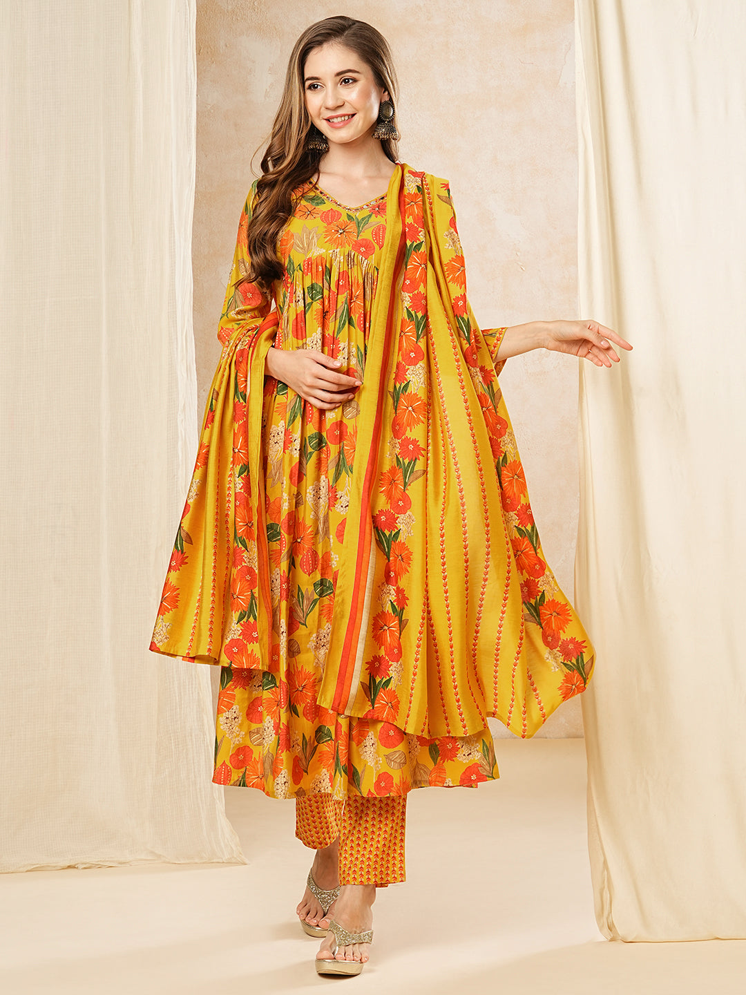 Floral Printed Mirror & Cutdana Embroidered Pleated Kurta with Pants & Dupatta - Yellow