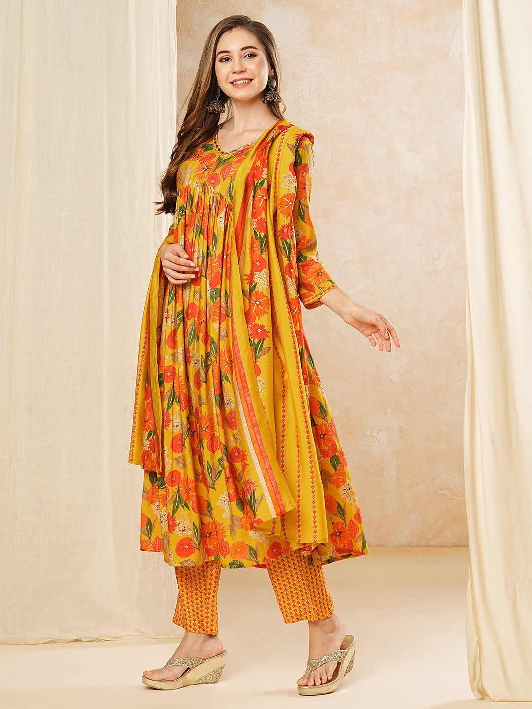 Floral Printed Mirror & Cutdana Embroidered Pleated Kurta with Pants & Dupatta - Yellow