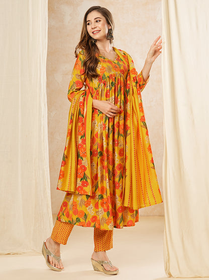 Floral Printed Mirror & Cutdana Embroidered Pleated Kurta with Pants & Dupatta - Yellow