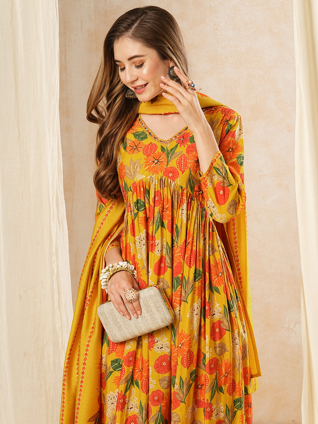 Floral Printed Mirror & Cutdana Embroidered Pleated Kurta with Pants & Dupatta - Yellow