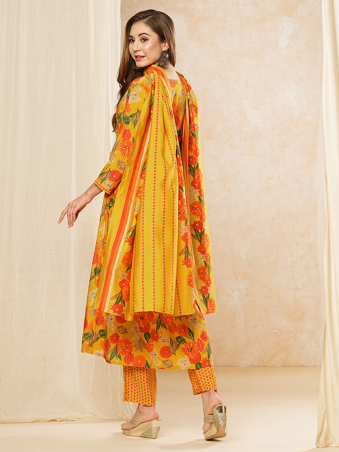 Floral Printed Mirror & Cutdana Embroidered Pleated Kurta with Pants & Dupatta - Yellow