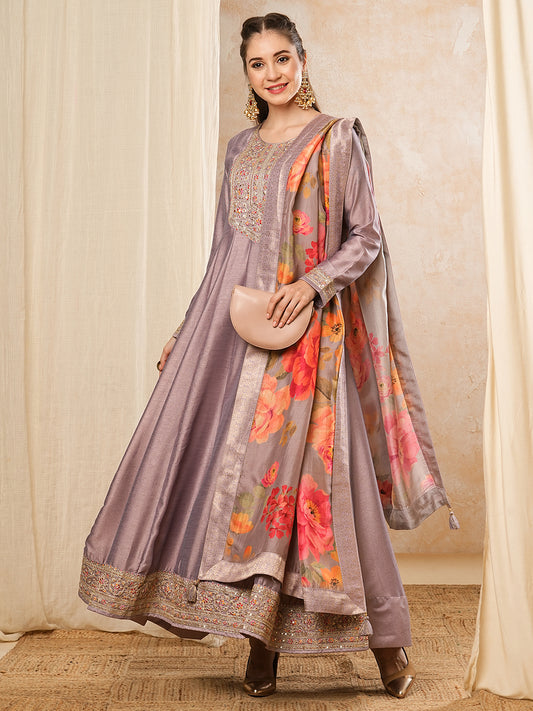 Solid Zari & Resham Embroidered Anarkali Maxi Gown with Floral Dupatta - Purple