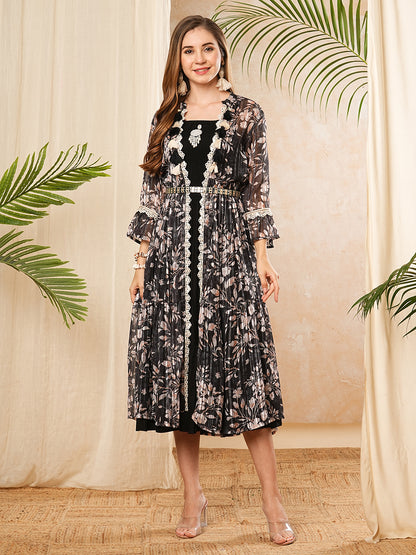 Solid Mirror, Sea Shell & Pearl Embellished Dress with Floral Printed Long Jacket - Black