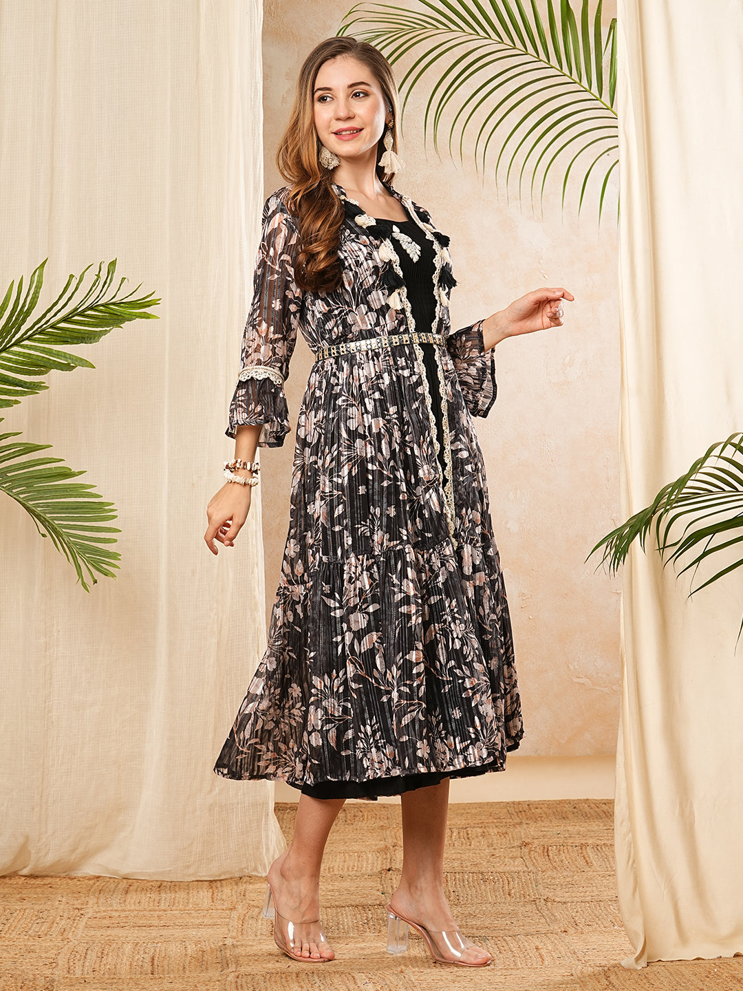 Solid Mirror, Sea Shell & Pearl Embellished Dress with Floral Printed Long Jacket - Black