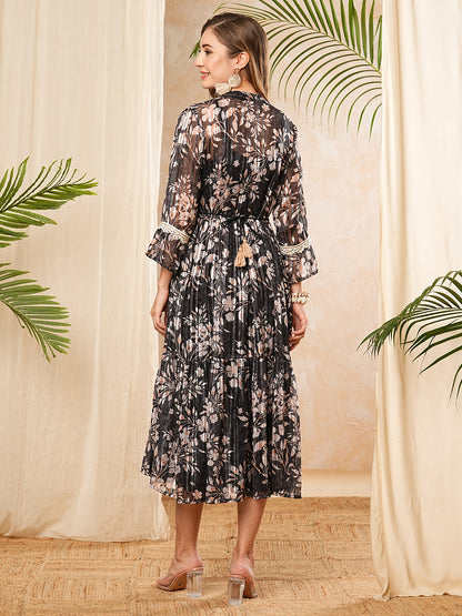 Solid Mirror, Sea Shell & Pearl Embellished Dress with Floral Printed Long Jacket - Black