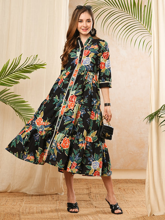 Abstract Floral Printed A-Line Tiered Midi Dress - Black