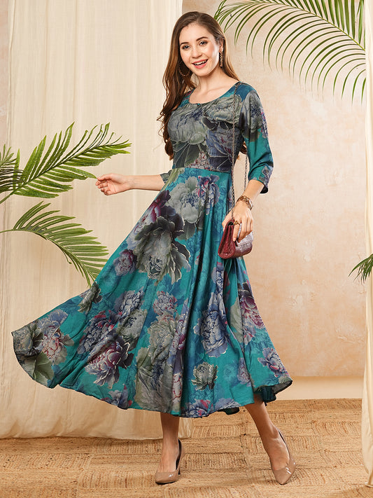Floral Printed Resham & Zari Embroidered Flared A-line Maxi Dress - Sea Green & Multi