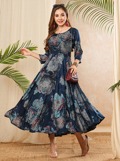 Floral Printed Resham & Zari Embroidered Flared A-line Maxi Dress - Blue