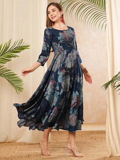 Floral Printed Resham & Zari Embroidered Flared A-line Maxi Dress - Blue