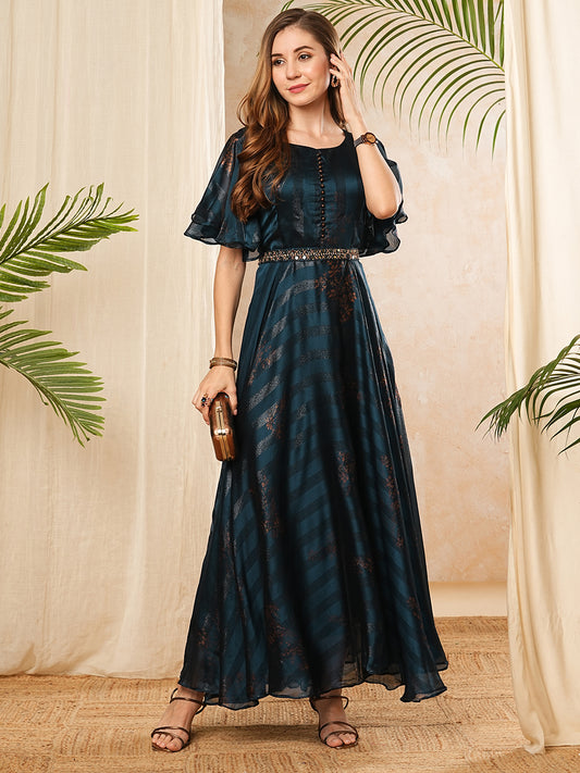Floral Foil Printed Flared Maxi Dress with Mirror & Stones Embroidered Waist Belt - Teal