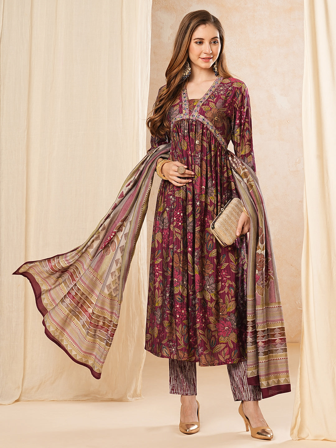 Floral Printed Mirror & Zari Embroidered Pleated kurta with Pants & Dupatta - Magenta