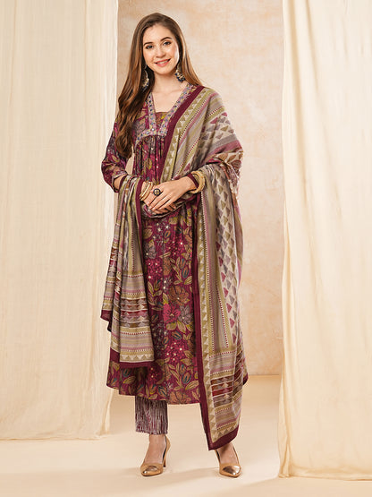 Floral Printed Mirror & Zari Embroidered Pleated kurta with Pants & Dupatta - Magenta